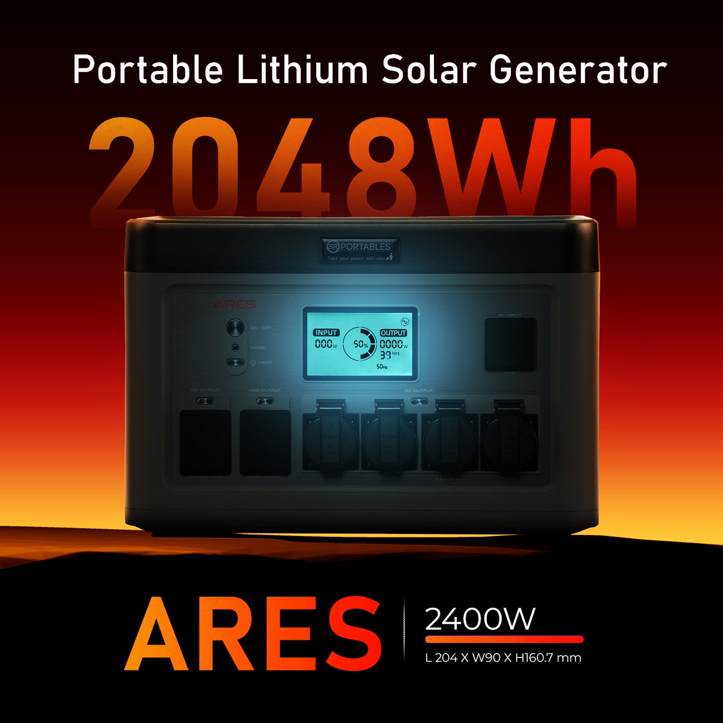SR Portables Ares 2048Wh Portable Power Station with 800W Solar Output | Emergency Backup for Home | 3 Way Charging Support | LCD Display with 5W LED | Internal Cooling Fan with Overload Protection